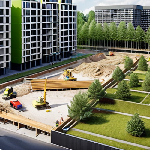 Home 15 **Prompt:** A bustling construction site for a new housing development in the Netherlands, focusing on the interplay between modern architecture and green spaces. Include legal documents scattered around, symbolizing the complex permitting process. Capture the essence of "omgevingsrecht" (environmental law) in a visual way.