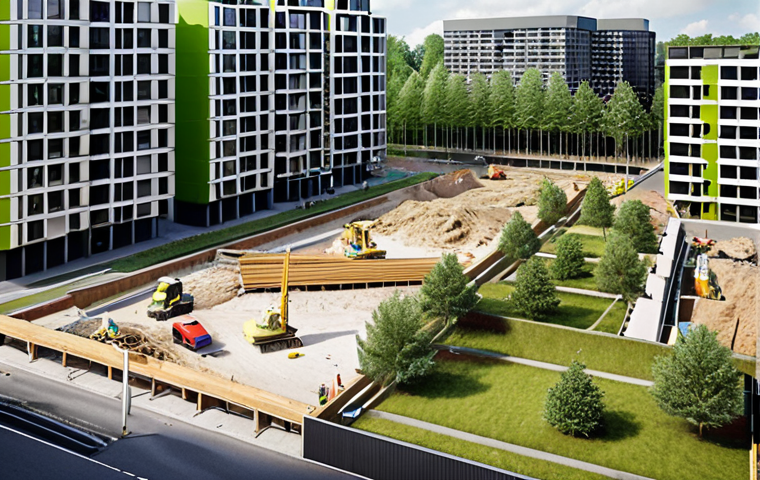 **Prompt:** A bustling construction site for a new housing development in the Netherlands, focusing on the interplay between modern architecture and green spaces. Include legal documents scattered around, symbolizing the complex permitting process. Capture the essence of "omgevingsrecht" (environmental law) in a visual way.