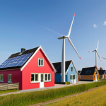 A vibrant, community-owned wind turbine in the Drenthe countryside, powering colorful houses with solar panels on their roofs. The scene should evoke a sense of local pride and sustainable living.