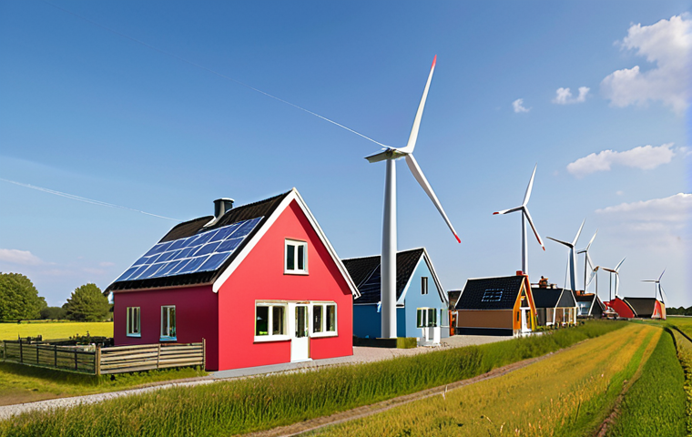 A vibrant, community-owned wind turbine in the Drenthe countryside, powering colorful houses with solar panels on their roofs. The scene should evoke a sense of local pride and sustainable living.