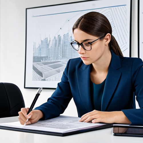 Home 7 A focused female urban planner, wearing a modest business suit, seated at a sleek, modern office desk in a European city. The desk is organized with legal documents, architectural blueprints, and a tablet displaying complex urban planning diagrams. The background subtly features interconnected abstract structures, symbolizing legal frameworks and the 'juridical jungle.' She is intently studying a document, pointing with a pen, conveying deep concentration and strategic thought. Perfect anatomy, correct proportions, natural pose, well-formed hands, proper finger count, natural body proportions, professional photography, high quality, fully clothed, modest clothing, appropriate attire, professional dress, safe for work, appropriate content, family-friendly.