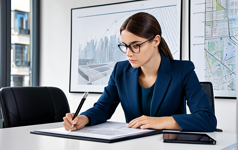 A focused female urban planner, wearing a modest business suit, seated at a sleek, modern office desk in a European city. The desk is organized with legal documents, architectural blueprints, and a tablet displaying complex urban planning diagrams. The background subtly features interconnected abstract structures, symbolizing legal frameworks and the 'juridical jungle.' She is intently studying a document, pointing with a pen, conveying deep concentration and strategic thought. Perfect anatomy, correct proportions, natural pose, well-formed hands, proper finger count, natural body proportions, professional photography, high quality, fully clothed, modest clothing, appropriate attire, professional dress, safe for work, appropriate content, family-friendly.